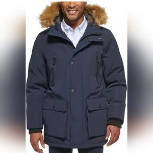 Club Room Men's Dark Blue Puffer Jacket with Faux Fur Hood